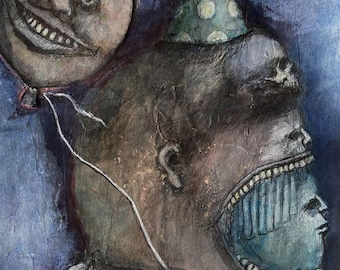 Original raw expression contemporary art brut small Mixed Media Painting on paper -"Tough to Swallow"