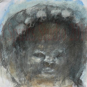 Original art brut neo expressionist Mixed Media Small Drawing- &quot;Hallowed Helmet&quot;