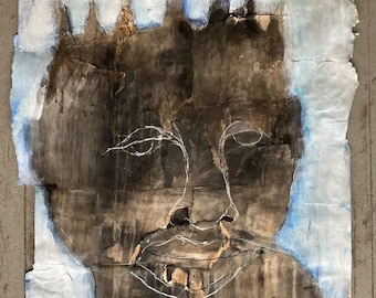 Original raw expression contemporary art brut large Mixed Media drawing on paper -"The Horse King".