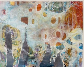 large Original Abstract Expressionist Mixed Media Contemporary abstract painting- "And the Wind Whistled through the Spires"