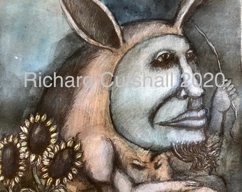 Original raw expression contemporary art brut small Mixed Media Painting on paper -"Blessed Jack"