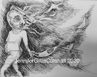 May include: Black and white ink drawing of a woman with long hair blowing in the wind. She is holding a leash attached to a bird flying away. The drawing is signed "Jennifer Gilia Cutshall 2020".