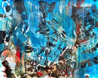 large Original Abstract Expressionist Mixed Media Contemporary abstract painting- " Blue Tempest"