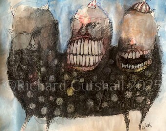 Original raw expression contemporary art brut small Mixed Media Painting on paper -"Trio"