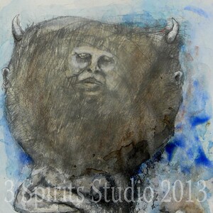 Original contemporary raw art brut Expressionist Mixed Media Drawing on paper- &quot;The Last One&quot;
