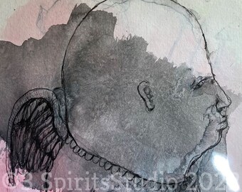 Original art brut neo expressionist Mixed Media Small Drawing- "Small Angel"