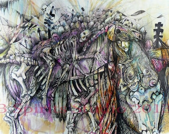 Giclee Print of Original Drawing with Watercolor by Artist Jennifer Gillia Cutshall- "Artemis, Bearing the Weight of 1,000 Deaths"