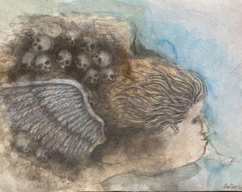 Original raw expression contemporary art brut small Mixed Media Painting on paper -"Angelic"