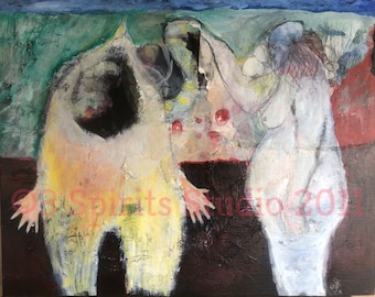 May include: Abstract painting with two figures in a textured style. One figure is yellow and the other is white, set against a backdrop of green, red, and blue hues. The artwork has a rough, painted appearance.