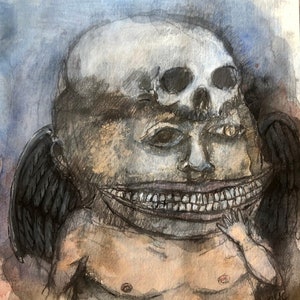 Original art brut expressionist Mixed Media Small Drawing- &quot;Sardonic Angel&quot;