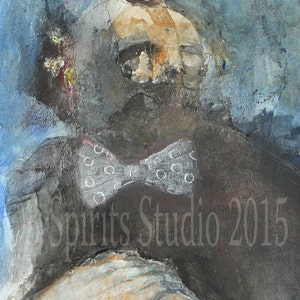 May include: Abstract mixed media artwork depicting a figure with a bow tie. The artwork uses a muted palette of blues, greys, and beige. The text "My Spirits Studio 2015" is visible.