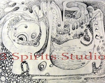 May include: A black and white ink drawing featuring intricate abstract patterns, swirling lines, circular motifs, and stippled textures. The artwork includes the red text 3 Spirits Studio overlaid across the center of the detailed composition.