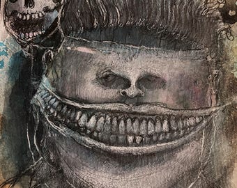 Original art brut neo expressionist Mixed Media Small Drawing- 'Thing"