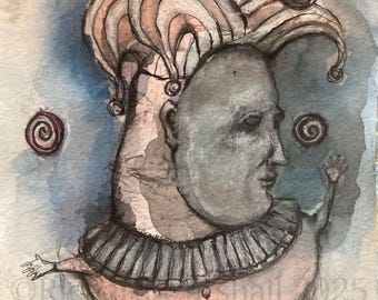 Original raw expression contemporary art brut small Mixed Media Painting on paper -'Lil' Jester"