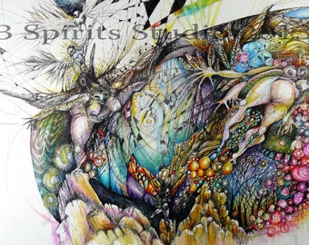 Giclee Print of Original Drawing with Watercolor by artist Jennifer Gillia Cutshall- "Many Moons Feather the Winds"