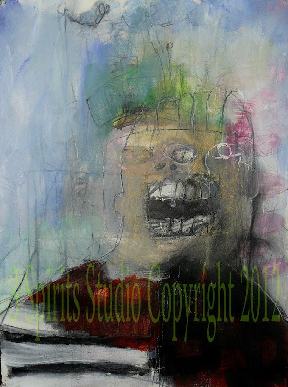 Original art brut expressionist Mixed Media Painting 0n paper by artist Richard Cutshall - "A Royal Flush"