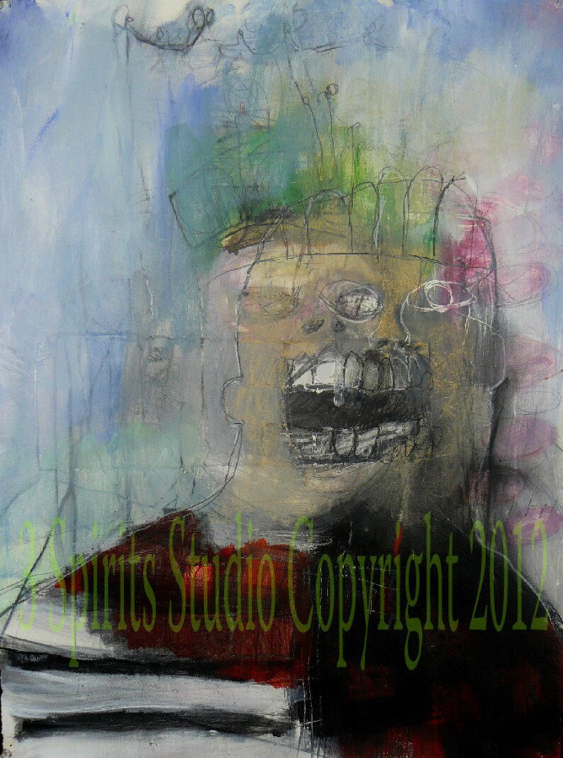 May include: Abstract painting of a face with a crown of green and blue paint. The face is painted in shades of brown, gray, and black. The background is a light blue with hints of green and pink. The text "Spirits Studio Copyright 2012" is visible in the bottom right corner.