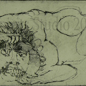 May include: A monochrome etching depicting a figure in a twisted position. The face is detailed with visible teeth and wild hair. The artwork has the text "Jo Soria Studio 2013" in the upper right corner.