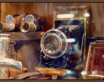 Vintage-Kamera-Stillleben-Gemälde, antiker impressionistischer Kunstdruck zum digitalen Download