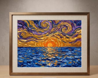 Impressionistische Meerlandschaft Druck, strukturiertes Ölgemälde Stil Sonnenuntergang, Blau Gold Küstenkunst (Digitaler Download)
