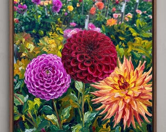 Dahliengarten – Expressionistisches Gemälde als digitaler Download, farbenfroher Kunstdruck mit Blumenmotiv