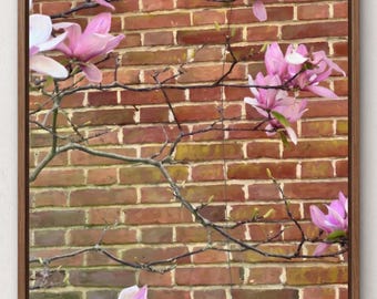 Digitales Gemälde „Rosa Magnolien“, Kunstdruck „Impressionistische Backsteinmauer“