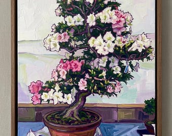 Blühende Azalee als Bonsai – Postimpressionistisches Gemälde (Digitaler Download), Zen-Blumenkunstdruck