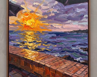 Expressionistisches Gemälde „Sonnenuntergang an der Küste“ (Digitaler Download), Kunstdruck „Feurige goldene Stunde“