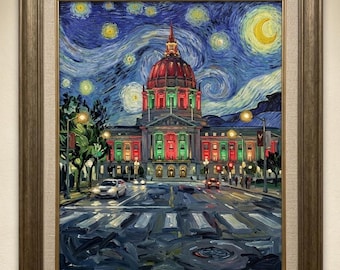 Gemälde im Stil von Van Gogh: Rathaus von San Francisco bei Nacht: Rote und grüne Lichter (Digitaler Kunstdruck)