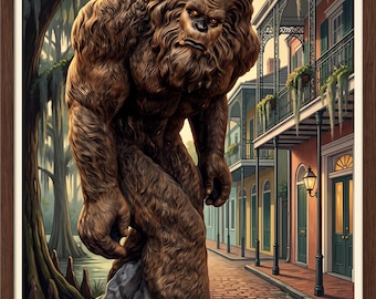 NOLA-Poster zum digitalen Download, Sasquatch in NOLA, Druckbare Bigfoot-Wandkunst, Louisiana-Retro-Reiseposter