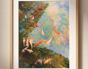 Weicher Koi Teich Impressionistische Kunst | Tropischer Garten Digitaldruck | Friedliche Wasser Dekor