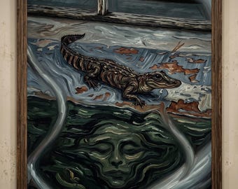 Digitales Gemälde eines Reptils im Stil des Dark Expressionism, Kunstdruck eines gotischen Alligators, surreale Wasserlandschaft zum Ausdrucken