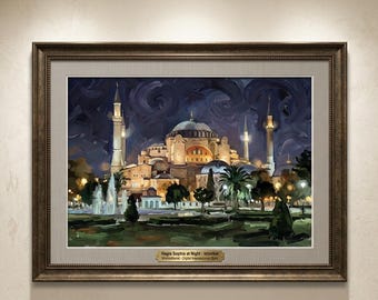 Hagia Sophia Istanbul bei Nacht – Digitales impressionistisches Gemälde, Wandkunst-Kunstdruck zur historischen Architektur der Türkei