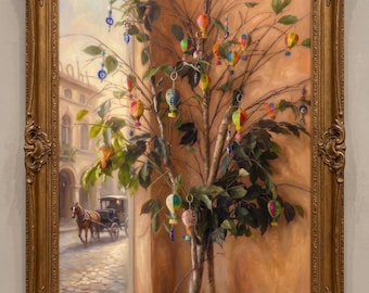 Romantisches Stillleben als Wandkunst | Nostalgischer Fensterbaum (Digitaldruck) | Gemälde mit Ornamenten im Antikstil