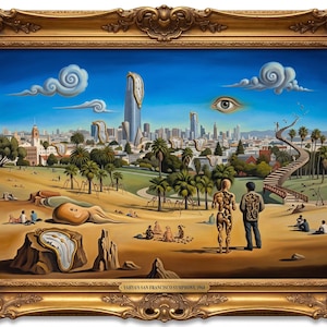 May include: An oil painting in a gold ornate frame depicts a surreal landscape with a cityscape, melting clocks, and figures. The sky is blue with cloud formations. The painting is titled "Yahya's San Francisco Symphony, 1968".