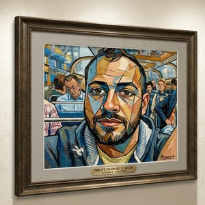 Puede incluir: Obra de arte enmarcada que presenta un retrato geométrico de un hombre en un autobús, con pasajeros en el fondo. La obra está en un marco marrón e incluye el texto "PABLO'S VISION NO. 1 - AYCAN". La paleta de colores incluye azules, marrones y amarillos.