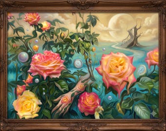 Surrealistisches Rosengarten-Gemälde, verspielte Wandkunst im Dali-Stil (digitaler Download)