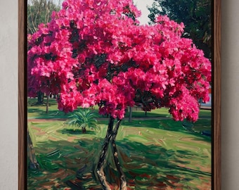 Expressionistisches Gemälde eines rosa Azaleenbaums – Digitaler Download, lebendiger floraler Kunstdruck