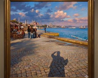 Istanbul Bosphorus Schatten Portrait Digital Art Print, Romantik Stil Gemälde am Wasser, sofort downloadbar