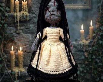 Bloody Ghost Girl amigurumi-pop, griezelig gotisch gehaakt pluche, handgemaakte horrorpop, griezelig Halloween-decorcadeau