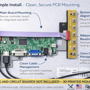 May include: A detailed image of a printed circuit board (PCB) with various components, including connectors, a ribbon cable, and a button board. Text highlights features like "Main Board Mounting" and "Clean Cable Management". The text "HARDWARE AND CIRCUIT BOARDS NOT INCLUDED - 3D PRINTED MOUNT ONLY" is also visible.
