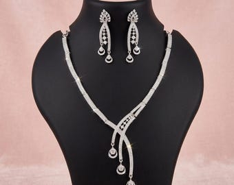 Luxury Silver Bridal Necklace Set, Elegant Crystal Wedding Jewelry, Statement Necklace & Earrings Set, Party Wear Jewelry for Women