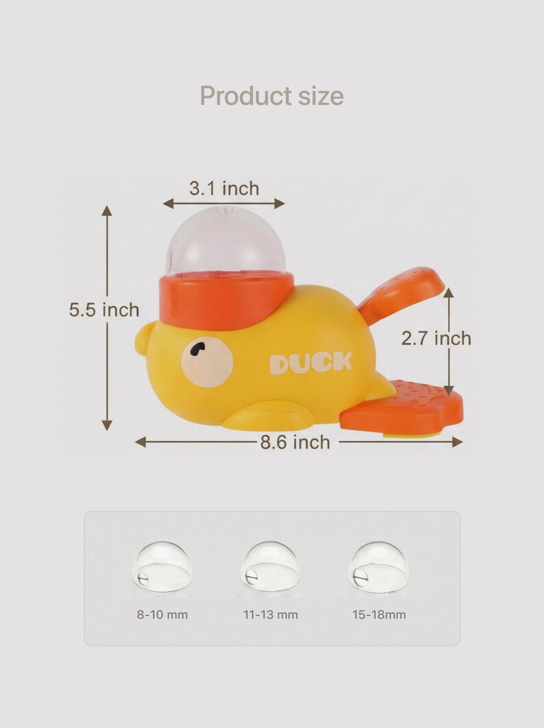 May include: A yellow and orange toy duck with a clear dome on its head. The duck is 8.6 inches long, 5.5 inches tall, and 3.1 inches wide. The wings are 2.7 inches long. The word "DUCK" is printed on the side.