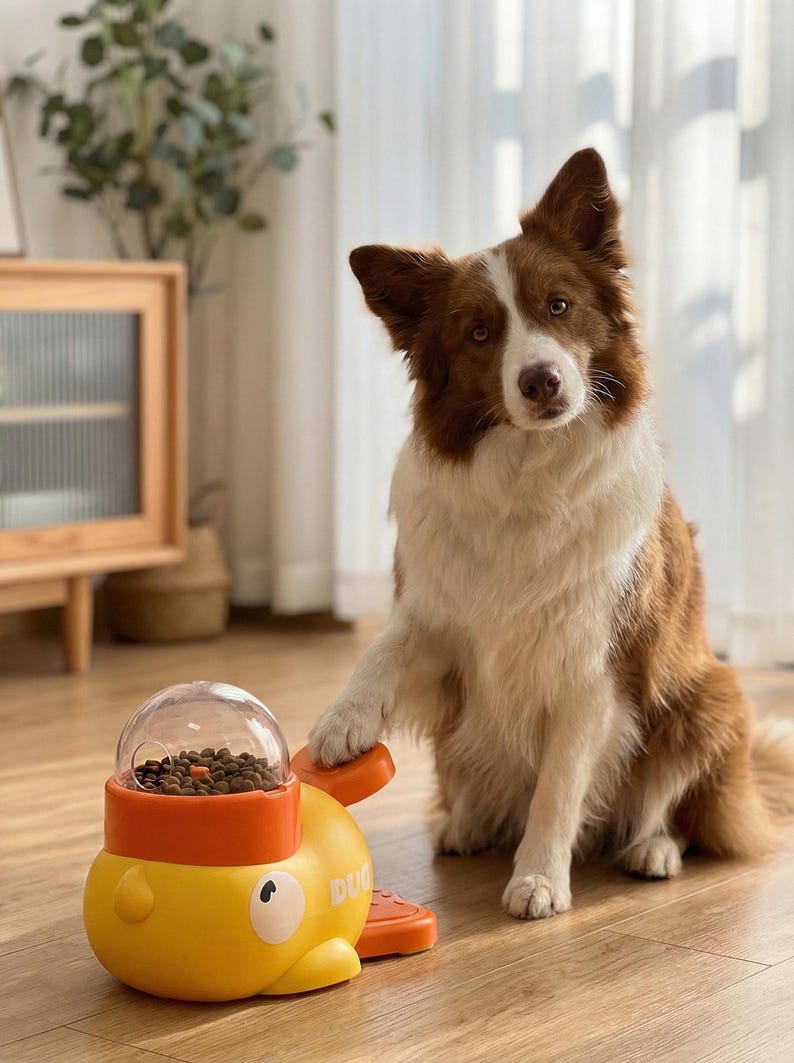 May include: A brown and white dog sits next to a yellow and orange dog toy with a clear dome filled with dog food. The toy has a duck design and the dog is resting its paw on the toy.