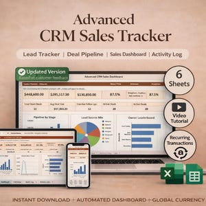 Könnte beinhalten: Ein Bild des Advanced CRM Sales Tracker, angezeigt auf einem Laptop, Tablet und Smartphone. Die Oberfläche zeigt Daten, Diagramme und KPIs. Zu den Funktionen gehören Lead-Tracker, Deal-Pipeline, Sales-Dashboard und Aktivitätsprotokoll. Das Produkt bietet 6 Tabellen, ein Video-Tutorial und wiederkehrende Transaktionen.