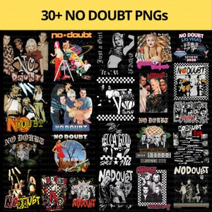Op de afbeelding: Een verzameling van meer dan 30 PNG-afbeeldingen met de band No Doubt. De afbeeldingen bevatten verschillende afbeeldingen, bandfoto's en tekstelementen, allemaal tegen een zwarte achtergrond. De tekst "30+ NO DOUBT PNGS" staat bovenaan.