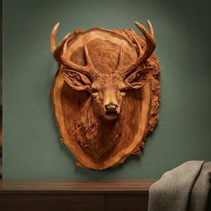 May include: A wall-mounted deer head sculpture carved from a single piece of light brown wood. The deer features detailed antlers and facial features, mounted on a natural wood slice plaque with visible grain and a rough, organic bark edge.