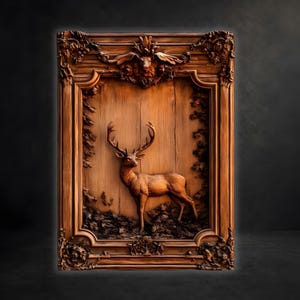 Könnte beinhalten: Ein rechteckiges Wandkunstobjekt aus Holz mit einer detaillierten Reliefschnitzerei eines stehenden Hirsches mit Geweih. Das Kunstwerk ist in einen verzierten, geschnitzten Holzrahmen mit floralen und pflanzlichen Motiven eingefasst.