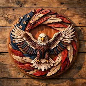 May include: A circular wooden wall carving featuring a central bald eagle with wings spread wide. The eagle is surrounded by a carved pattern of feathers painted in red, white, and blue, with a section of blue featuring white stars.