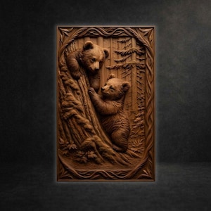 May include: A rectangular wooden wall plaque featuring a detailed relief carving of two bear cubs climbing a tree in a forest setting. The artwork is framed by an intricate border of carved vines and leaves, rendered in a warm brown wood tone.